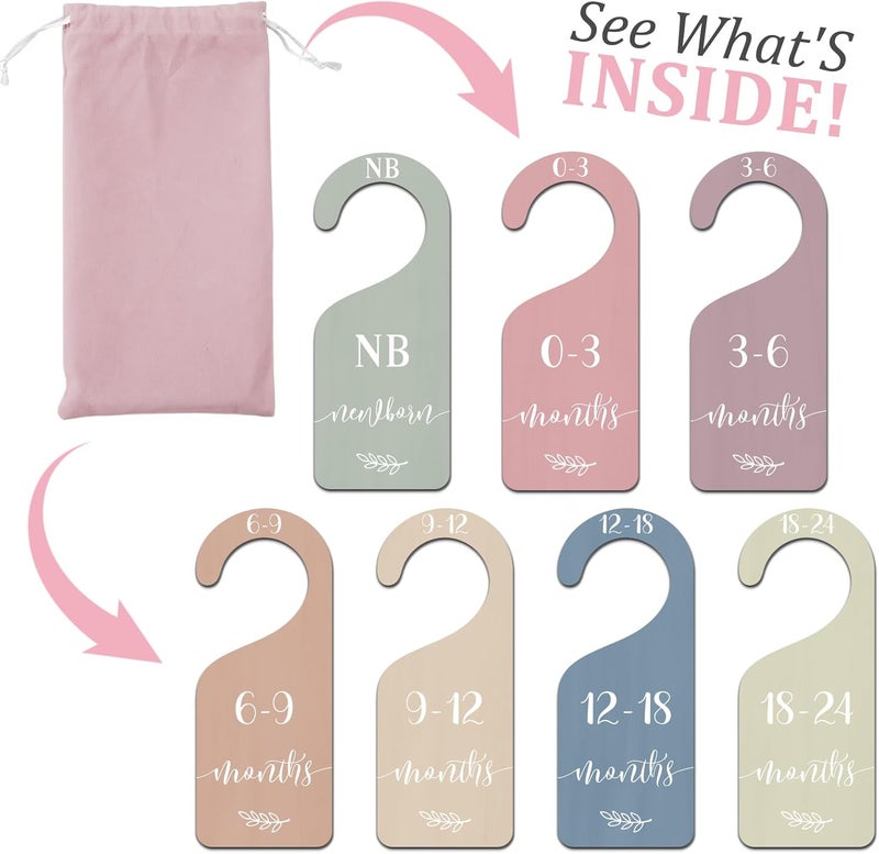 Whaline 7Pcs Boho Wooden Baby Closet Size Dividers with Pink Velvet Bag Newborn to 24 Month Thicken Infant Wardrobe Hanger Organizers for Home Nursery Party Gift Supplies - Image 4